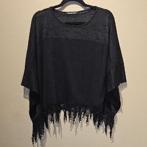 You Are Not Alone Black Lace Trim Poncho Blouse Size Medium